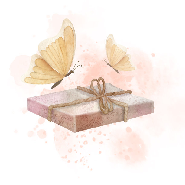 肥皂条与蝴蝶和抽象水彩飞溅孤立的背景。彩色手绘插图的沐浴化妆品图标或标志。浴室生态护肤产品标签图片下载