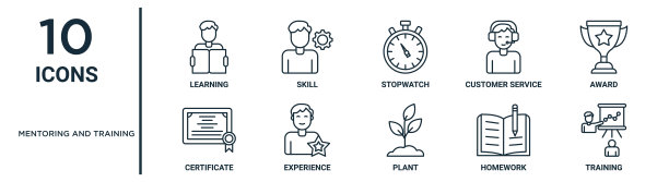 指导和培训大纲图标集包括细线学习，秒表，奖励，经验，作业，培训，证书图标报告，演示，图表，网页设计图片下载
