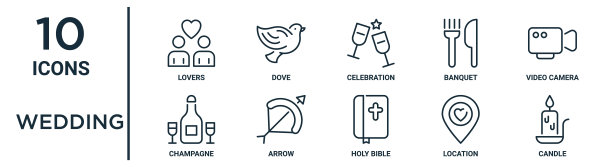婚礼大纲图标集包括细线恋人，庆典，摄像机，箭头，位置，蜡烛，香槟图标报告，演示，图表，网页设计图片下载