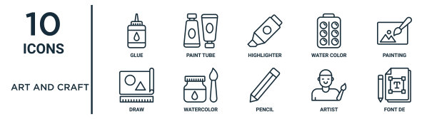 艺术和工艺轮廓图标集包括细线胶水，高光笔，绘画，水彩，艺术家，字体de，绘制图标报告，演示文稿，图表，网页设计图片下载