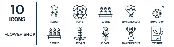 花店轮廓图标集包括细线花，鲜花，花店，薰衣草，花束，肥料，花图标报告，演示，图表，网页设计图片下载