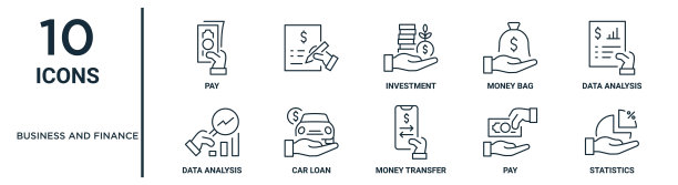 商业和金融大纲图标集包括细线支付，投资，数据分析，汽车贷款，支付，统计，数据分析图标的报告，演示，图表，网页设计图片下载