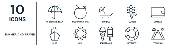 夏季和旅游大纲图标集包括细线打开伞，日光浴床，钱包，太阳，救生圈，旅游，船舶图标的报告，演示，图表，网页设计图片下载
