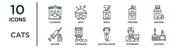 猫轮廓图标集包括细线日历，喷雾，药物，分配器，兽医，簸箕，疫苗图标报告，演示，图表，网页设计图片下载