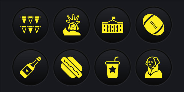 设置香槟瓶，美式橄榄球，热狗三明治，纸玻璃与吸管，美国国会大厦，自由女神像，乔治华盛顿和嘉年华花环旗图标。向量图片下载