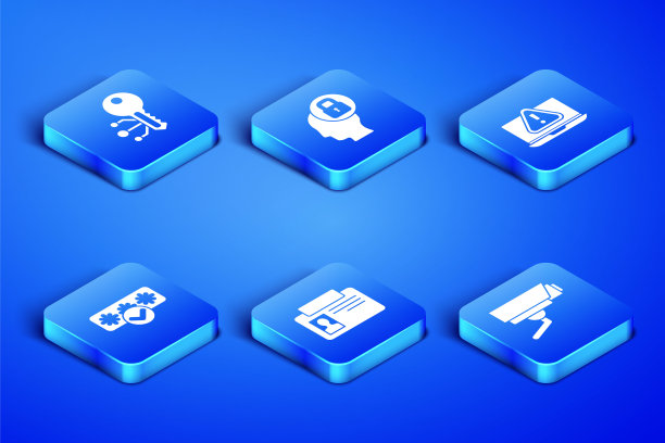 设置安全摄像头，加密货币密钥，识别徽章，密码保护，人头与锁和笔记本电脑感叹号图标。向量图片下载