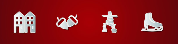 设置房子，橡果，Inukshuk和冰鞋图标。向量图片下载