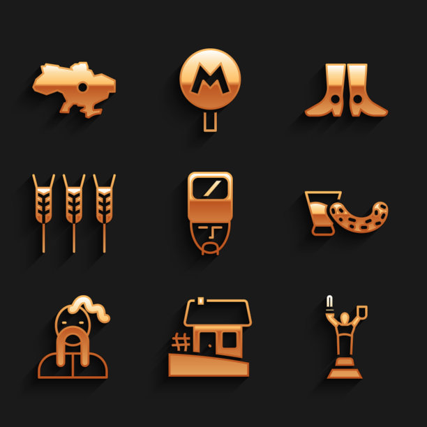 设置乌克兰哥萨克，房子，祖国母亲纪念碑，玻璃与伏特加，小麦，鞋类和乌克兰地图图标。向量图片下载