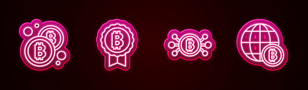 设置线比特币，电路和全球。发光的霓虹灯图标。向量图片下载