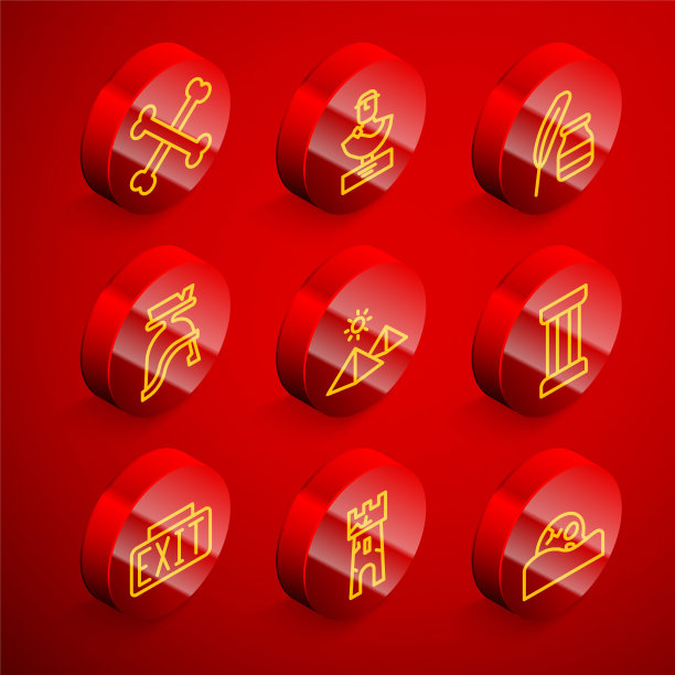 设定线交叉的人骨，古代半身像雕塑，羽毛和墨水瓶，罗马军队头盔，埃及金字塔，柱，出口标志和城堡塔图标。向量图片下载