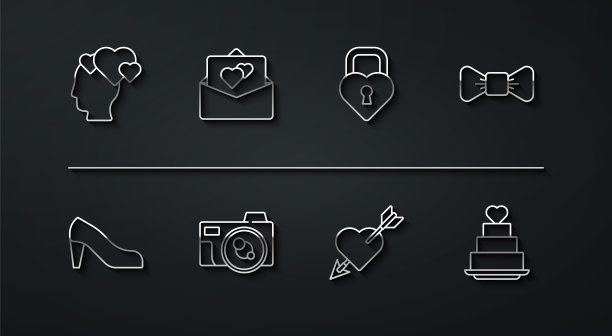 设置线头部与心，女人鞋，领结，爱情和箭头，照片相机，贺卡，婚礼蛋糕和城堡的图标形状。向量图片下载