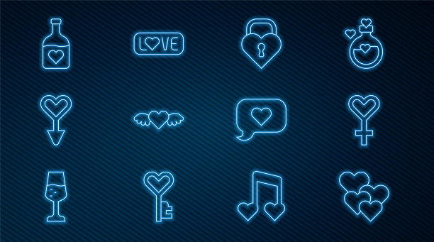 设定线心，女性性别符号，城堡在心脏的形状，与翅膀，瓶爱情药水，语音气泡和爱情文本图标。向量图片下载