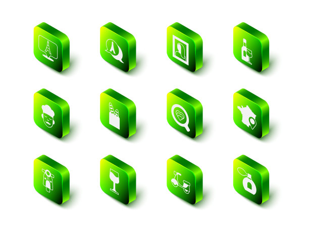 设置埃菲尔铁塔，博物馆肖像，带玻璃的酒瓶，法国地图，香水，咖啡杯，摩托车和图标。向量图片下载