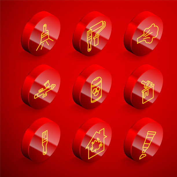 设置线油漆刷，滚筒，喷雾，枪，罐，桶用，和油漆的房子图标。向量图片下载