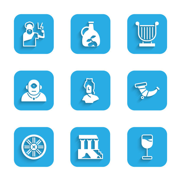 集古代半身雕塑、帕台农神庙、酒杯、猎角、古木轮、独眼巨人、七弦琴、宙斯圣像。向量图片下载