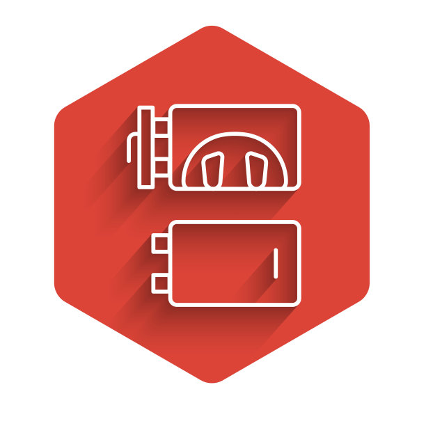 火葬场图标孤立的白色线条有长长的阴影。红色六边形按钮。向量图片下载