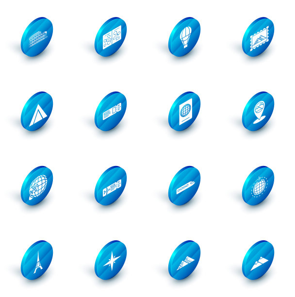 设置护照页与签证邮票，热气球，邮政和埃及金字塔，旅游帐篷，全球飞行飞机，旅游门票，地图指针山和生物特征数据图标。向量图片下载