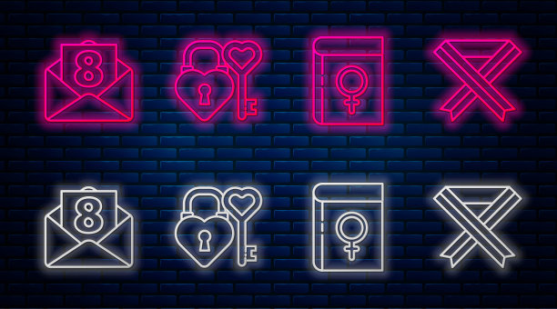 设置线城堡和钥匙在心形，书关于妇女，信封与3月8日和乳腺癌意识丝带。砖墙上发光的霓虹灯图标。向量图片下载
