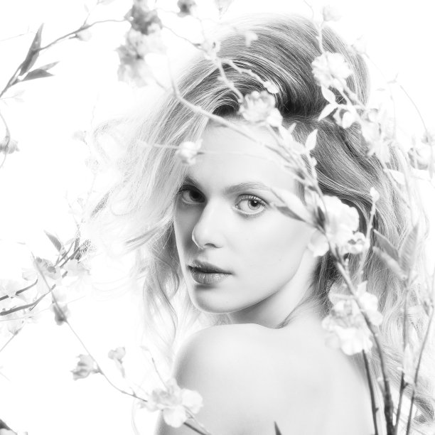 美丽的女人与大波浪的头发和花黑白工作室肖像图片下载