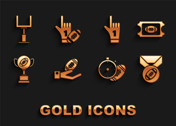 设置美式足球在手，门票，与奖牌，秒表，奖项杯足球，1号1球迷手套举起手指，门柱和美国标志。向量图片下载