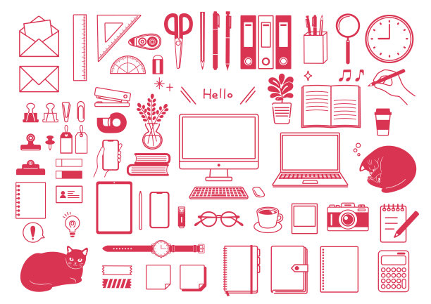 扁平风格的商务和文具插画素材（文具、平板终端、电脑、铅笔、笔记本、远程办公）图片下载