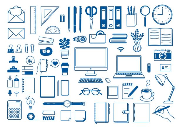 扁平风格的商务和文具插画素材（文具、平板终端、电脑、铅笔、笔记本、远程办公）图片下载