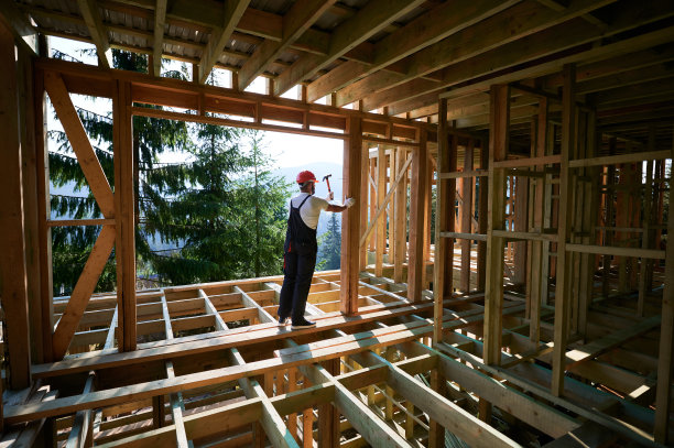 木匠在森林附近建造木制框架的两层楼房时，正在敲打钉子。图片下载