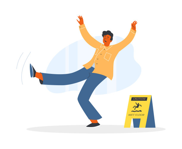 坠落事故发生在潮湿的地板上，现场有滑倒和坠落的人，被隔离。图片下载