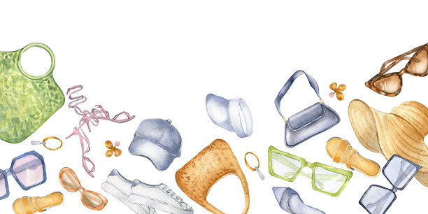 旗帜的妇女夏季服装和配件水彩插图孤立在白色。沙滩衣，包，帽子，眼镜手绘的。设计商店，销售，杂志，包装，展示，招牌图片下载