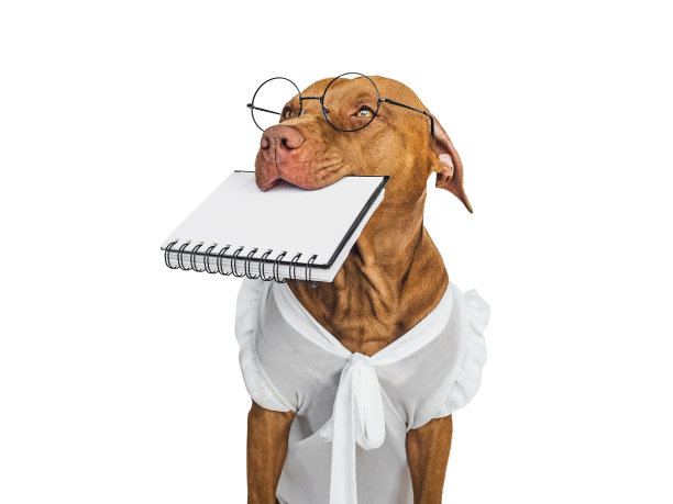 可爱的小狗，眼镜和记事本。商务风格图片下载