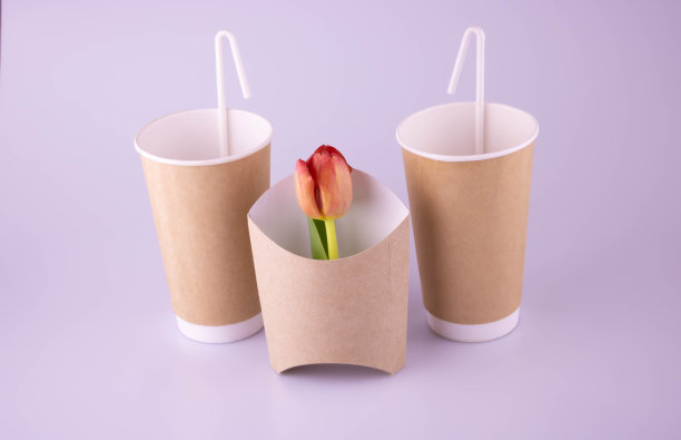 两个带有吸管的纸杯和一个带有郁金香花的薯条容器图片下载