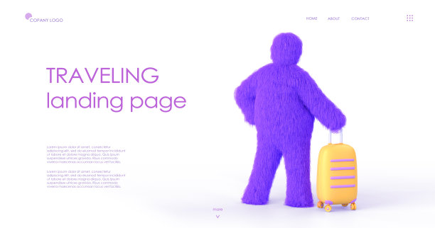 旅行等距着陆页3d渲染。毛茸茸的紫色雪人游客与行李箱，雪人角色，有趣的怪物旅行者在毛茸茸的西装与行李。夏季旅游，网页横幅图片下载