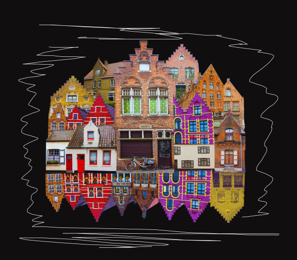 在比利时布鲁日沿着运河的历史中世纪建筑的观点拼贴画-艺术设计图片下载