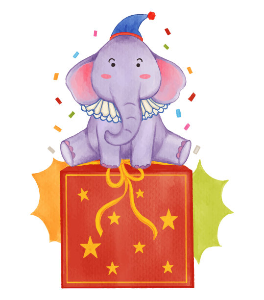 大象动物与马戏团服装坐在神奇的盒子。写实水彩画与纸质感。卡通人物设计。向量。图片下载