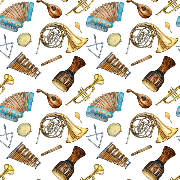 乐器无缝图案水彩孤立于白色。图片下载