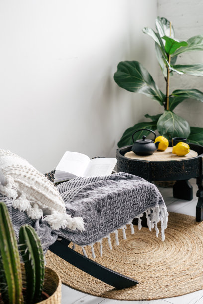 波西米亚风格的房间，室内植物，扶手椅和咖啡桌图片下载