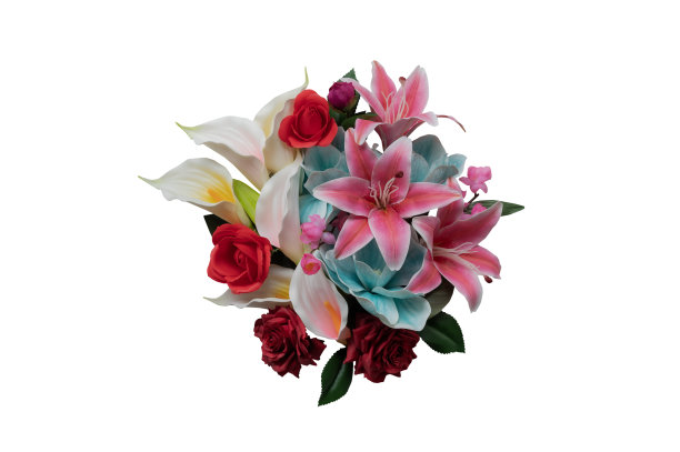 百合和玫瑰与叶子隔离在白色背景。美丽的花束。创意理念春暖花开。图片下载
