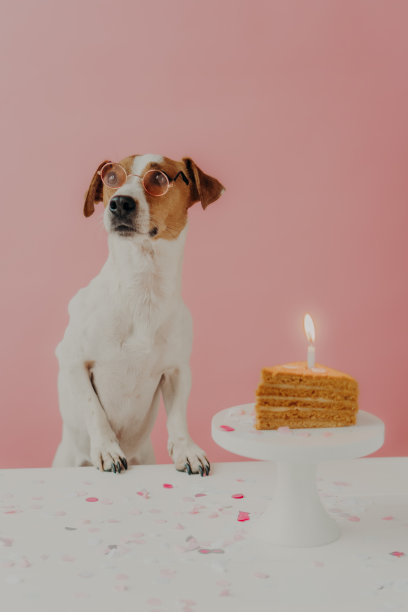狗狗生日概念。可爱的纯种狗戴着圆形眼镜，在燃着蜡烛的节日蛋糕旁摆姿势，享受主人组织的派对，孤立在粉红色的背景上，沉思地看着远方图片下载