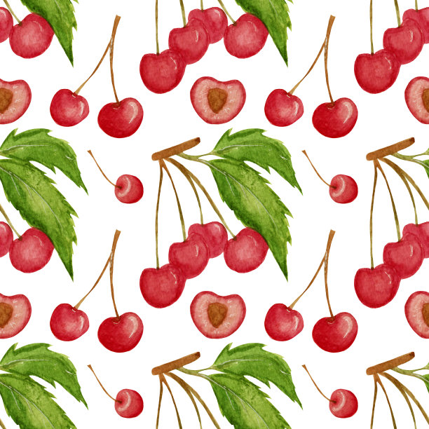 水彩无缝图案，与明亮的樱桃，绿叶在白色的背景。图片下载
