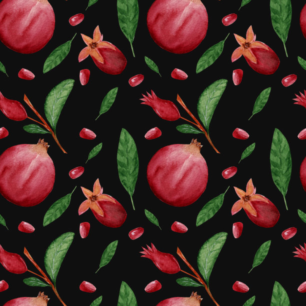 水彩画植物图案，黑色背景上有鲜艳的各种石榴和绿叶。图片下载