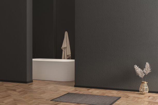 时尚的意大利浴室，黑色墙壁，拼花地板，白色水槽，黑色水龙头和浴缸。包括毛巾，干植物和地毯。理想的模拟照片。三维渲染图片下载