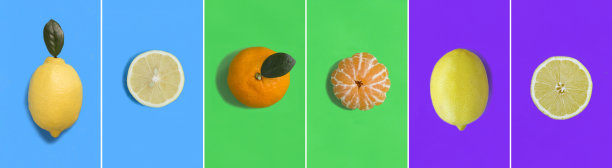 彩色背景上的柠檬和橘子拼贴画。特写镜头。图片下载