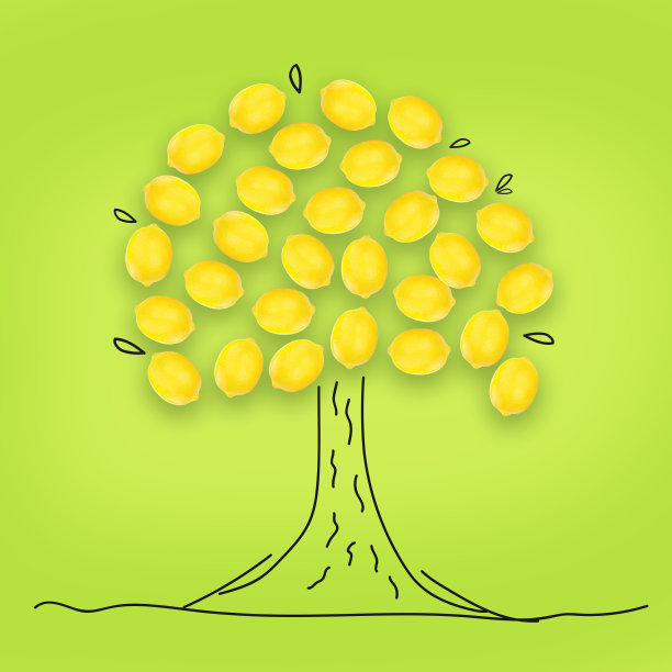 由黄色柠檬和手绘树元素制成的树。创造性的概念图片下载