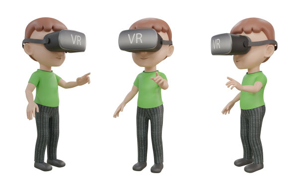一个卡通男孩从不同角度戴着虚拟现实耳机的3D渲染图像图片下载