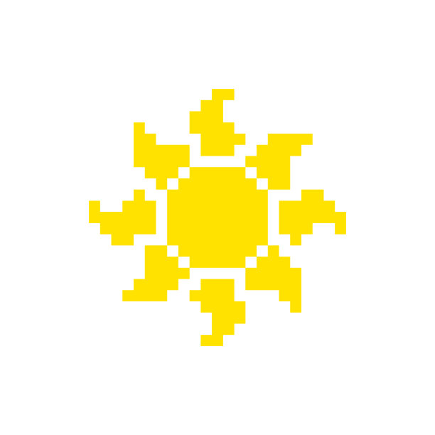 像素化的阳光炎热的天气图标设计。太阳的像素图标。地球之星。天文学，观测太阳活动和天气。简单的复古游戏矢量隔离在白色背景股票插图图片下载