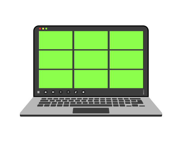 视频通话界面，视频通话屏幕图标和UI模板的笔记本电脑，矢量覆盖。视频会议或视频通话在线聊天模拟与chromakey笔记本电脑应用程序。9个用户图片下载