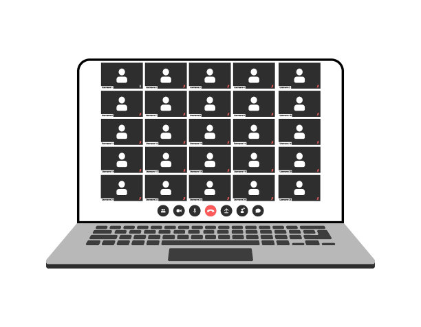 视频通话界面，视频通话屏幕图标和UI模板的笔记本电脑，矢量覆盖。视频会议或视频通话在线聊天模拟的笔记本电脑应用程序与呼叫按钮图片下载