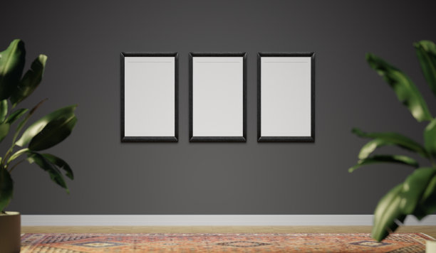 一个舒适的房间的模型，暗墙，木地板，空相框和植物，3d渲染。模板和背景的客厅或大厅与复制空间图片下载