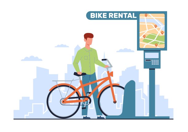 自行车租赁服务，有人租自行车。自行车停车。生态城市交通，人骑自行车。城市导航应用。车辆共享，生态生活方式。卡通平面孤立矢量概念图片下载