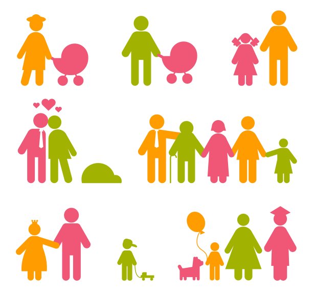 彩色家庭图标。社交生活的标志。伙伴关系和童年。情侣之间的浪漫关系。母性和爱。带孩子的父母。矢量亲子剪影象形图集图片下载